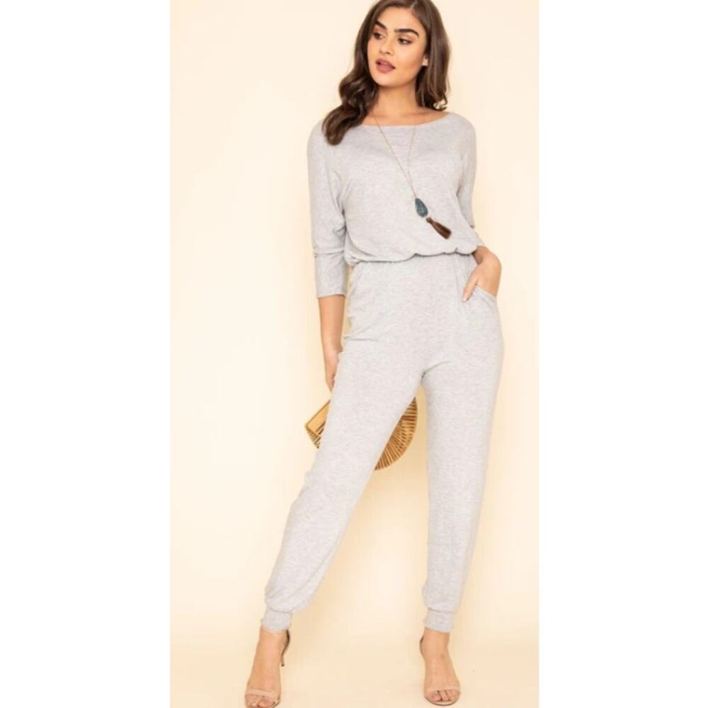 Eloges Grey Solid Quarter Sleeve Boat Neck Blouson Jumpsuit